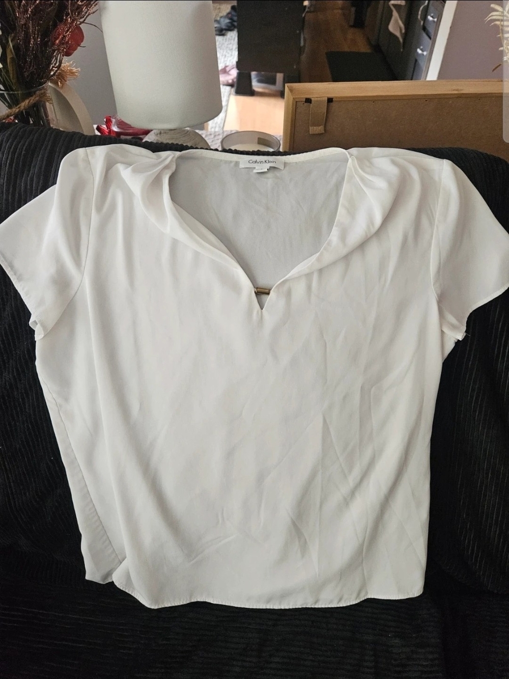 Calvin Klein White Short Sleeve V-Neck Top with Gold Bar